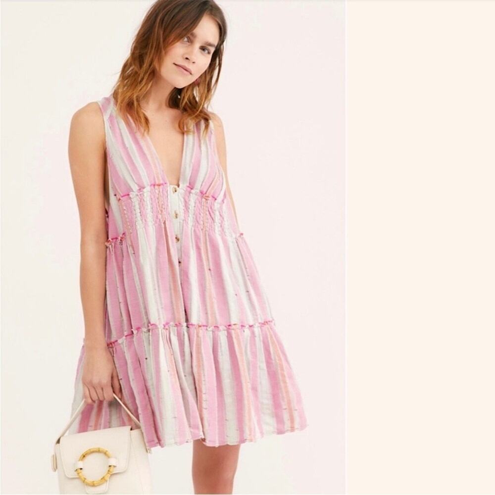 Free People Do it again Striped Tiered baby doll mini dress lilac size L boho